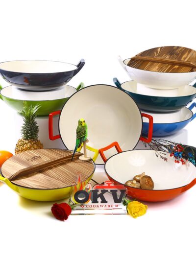 OKV 36cm Enamel Cast Iron Wok with Wooden Lid.
